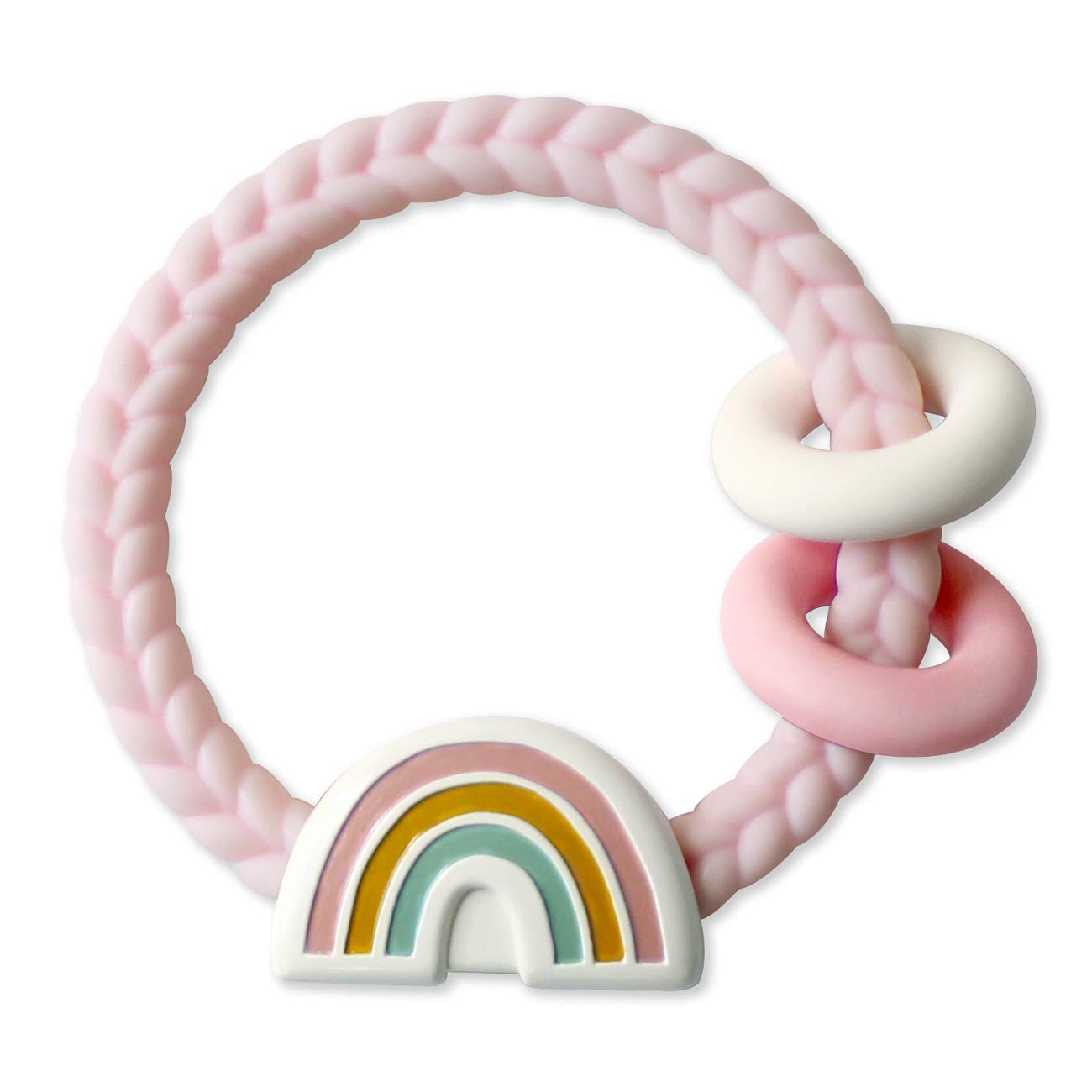LUCKY SOX-Silicone Teether with Rattle; Rattle Teether Features Rattle Sound, Two Silicone Teething Rings and Raised Texture to Soothe Gums; Ages 3 Months and Up (Pink Rainbow)